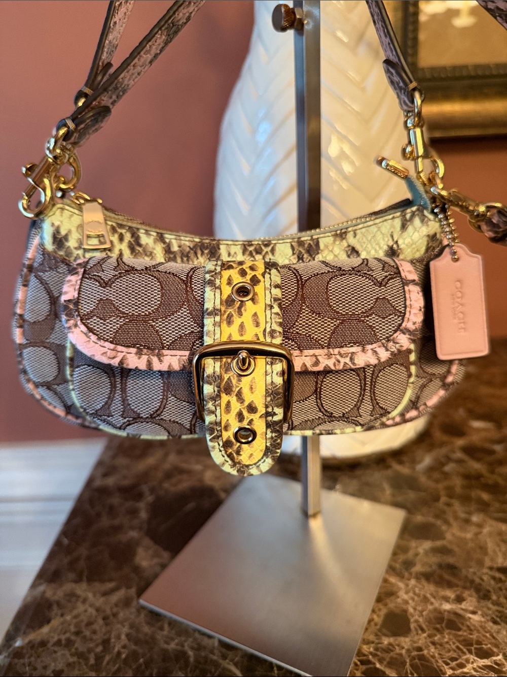 Coach NWT Ashton Mini Crescent Shoulder Bag in Pink, Cream & Yellow Snake-Print - Picture 1 of 16